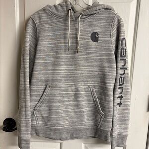 Carhartt Relaxed Fit Hoodie Women’s Small Gray Striped Logo Sleeve Pullover Swea